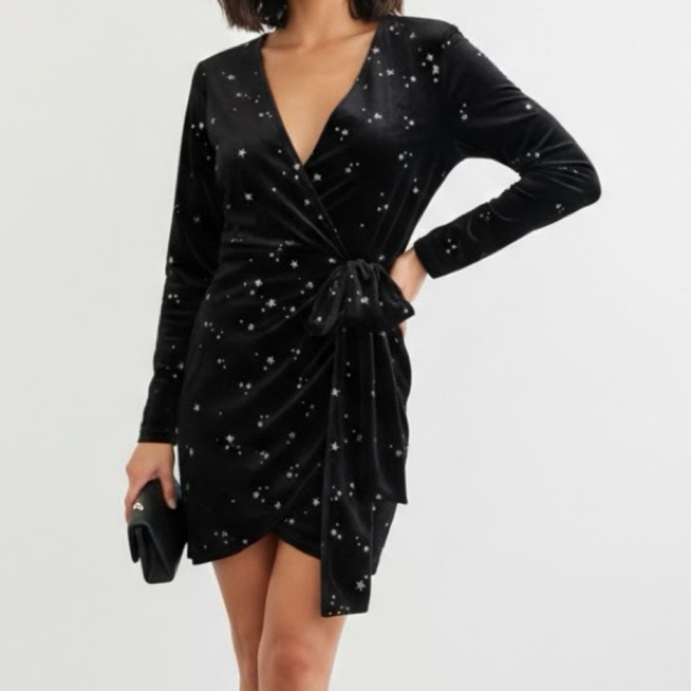 Double Crazy Black Velvet Celestial Star Print Long Sleeve Mini Dress Small